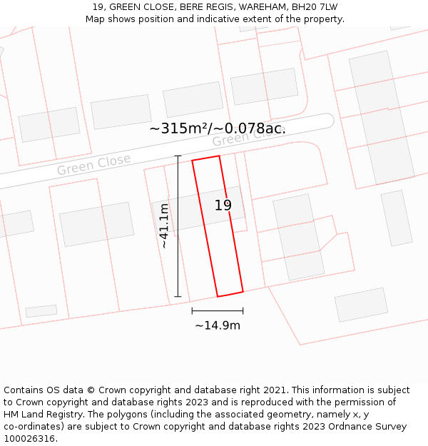 19, GREEN CLOSE, BERE REGIS, WAREHAM, BH20 7LW: Plot and title map
