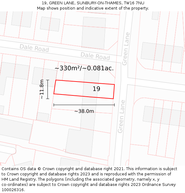 19, GREEN LANE, SUNBURY-ON-THAMES, TW16 7NU: Plot and title map
