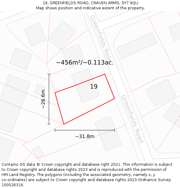 19, GREENFIELDS ROAD, CRAVEN ARMS, SY7 9QU: Plot and title map