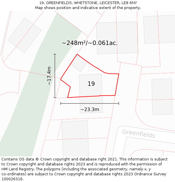 19, GREENFIELDS, WHETSTONE, LEICESTER, LE8 6NY: Plot and title map