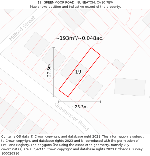 19, GREENMOOR ROAD, NUNEATON, CV10 7EW: Plot and title map