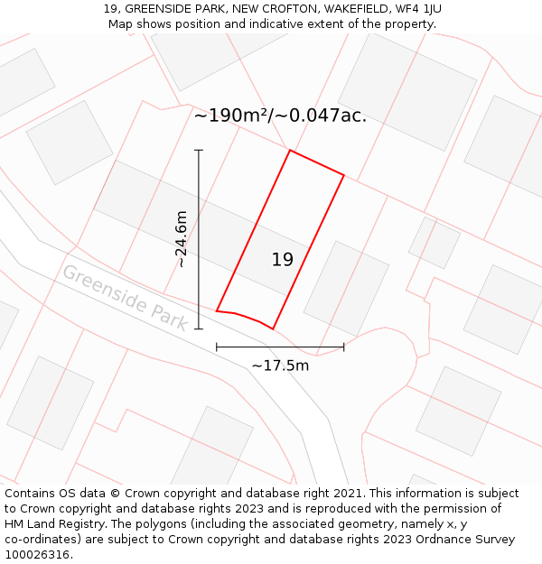 19, GREENSIDE PARK, NEW CROFTON, WAKEFIELD, WF4 1JU: Plot and title map