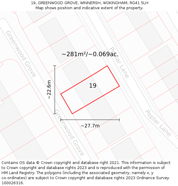 19, GREENWOOD GROVE, WINNERSH, WOKINGHAM, RG41 5LH: Plot and title map