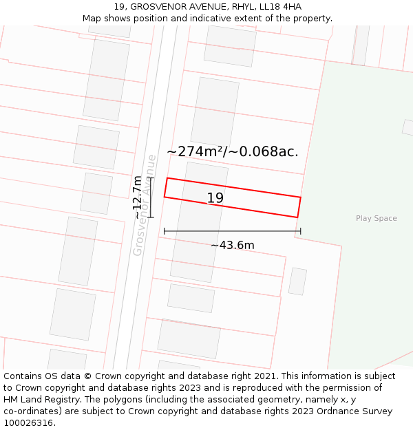 19, GROSVENOR AVENUE, RHYL, LL18 4HA: Plot and title map