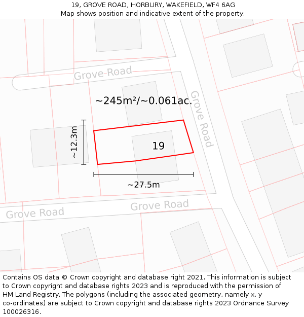 19, GROVE ROAD, HORBURY, WAKEFIELD, WF4 6AG: Plot and title map