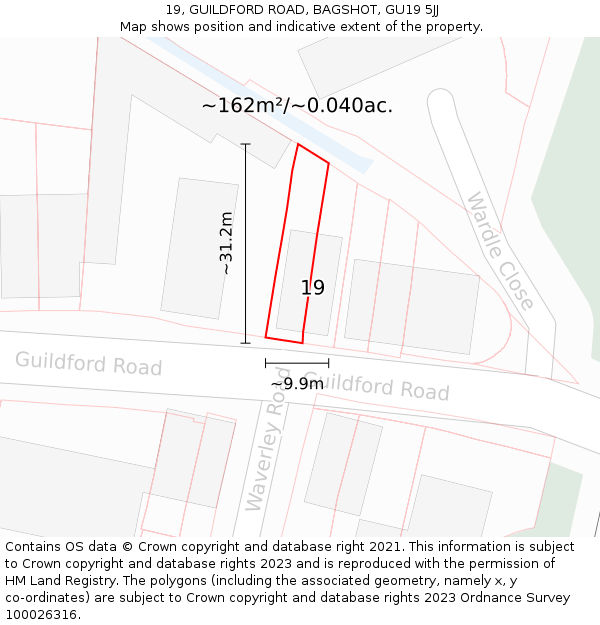 19, GUILDFORD ROAD, BAGSHOT, GU19 5JJ: Plot and title map