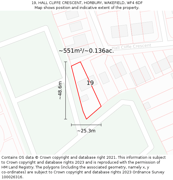 19, HALL CLIFFE CRESCENT, HORBURY, WAKEFIELD, WF4 6DF: Plot and title map