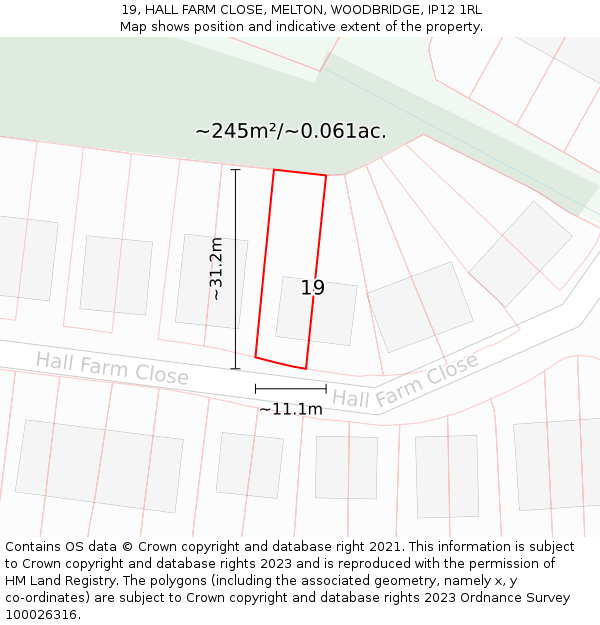 19, HALL FARM CLOSE, MELTON, WOODBRIDGE, IP12 1RL: Plot and title map