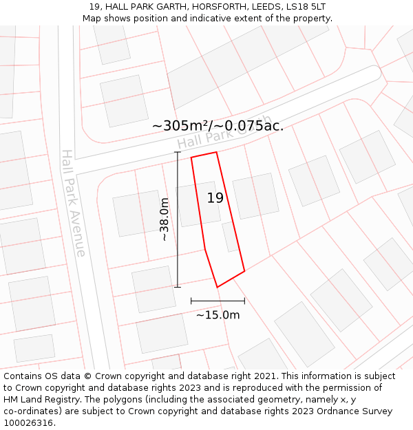 19, HALL PARK GARTH, HORSFORTH, LEEDS, LS18 5LT: Plot and title map