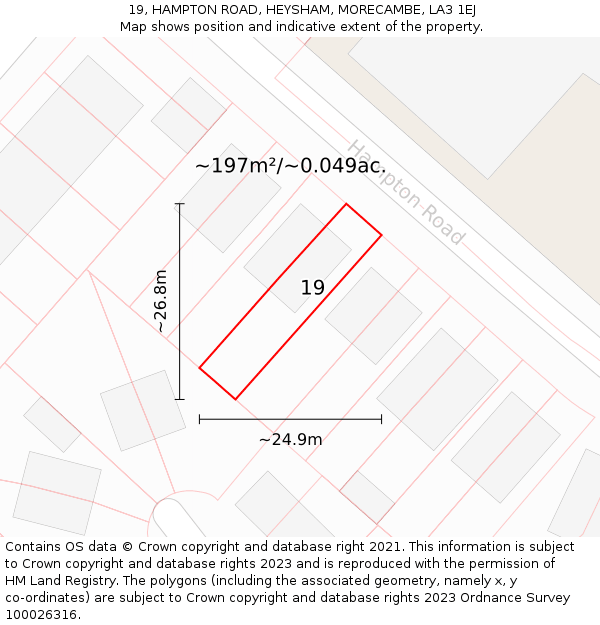 19, HAMPTON ROAD, HEYSHAM, MORECAMBE, LA3 1EJ: Plot and title map