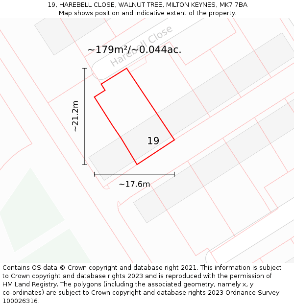 19, HAREBELL CLOSE, WALNUT TREE, MILTON KEYNES, MK7 7BA: Plot and title map