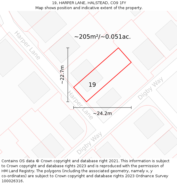 19, HARPER LANE, HALSTEAD, CO9 1FY: Plot and title map