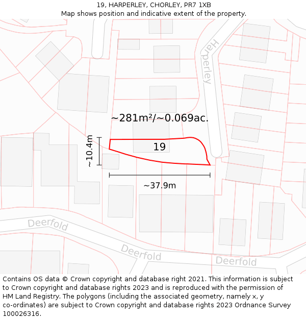 19, HARPERLEY, CHORLEY, PR7 1XB: Plot and title map