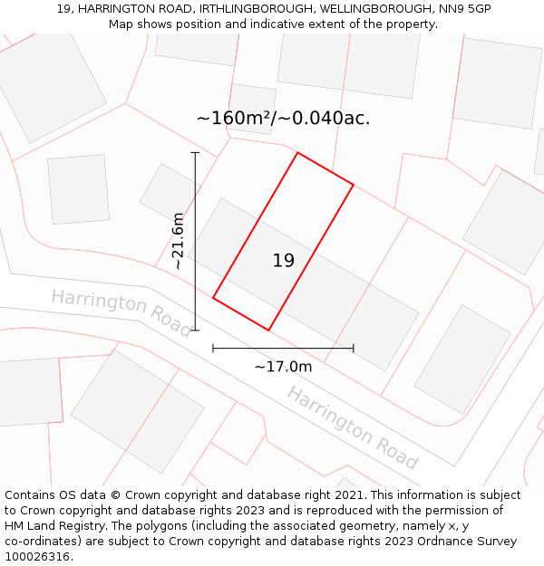 19, HARRINGTON ROAD, IRTHLINGBOROUGH, WELLINGBOROUGH, NN9 5GP: Plot and title map