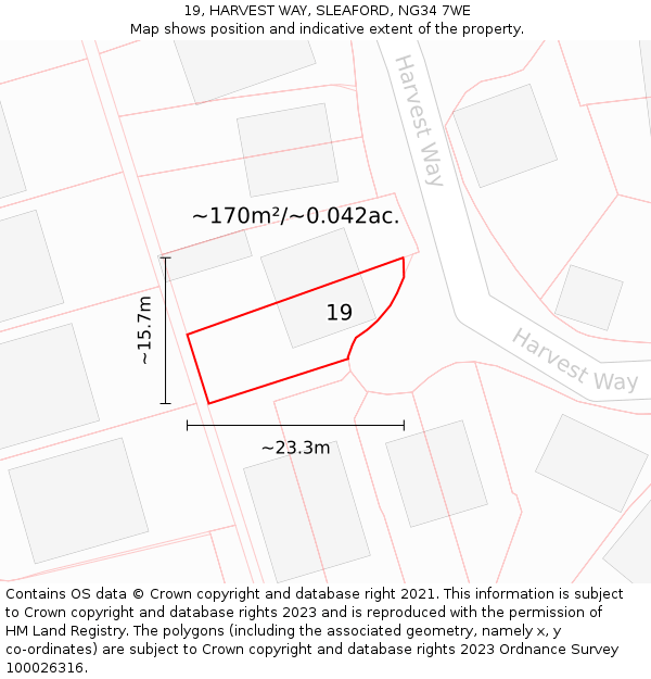 19, HARVEST WAY, SLEAFORD, NG34 7WE: Plot and title map