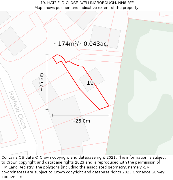 19, HATFIELD CLOSE, WELLINGBOROUGH, NN8 3FF: Plot and title map