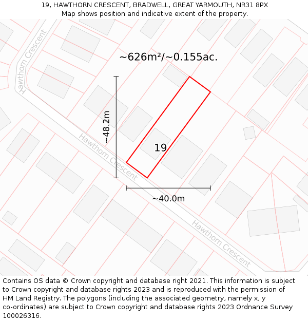 19, HAWTHORN CRESCENT, BRADWELL, GREAT YARMOUTH, NR31 8PX: Plot and title map