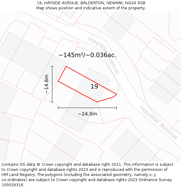 19, HAYSIDE AVENUE, BALDERTON, NEWARK, NG24 3GB: Plot and title map