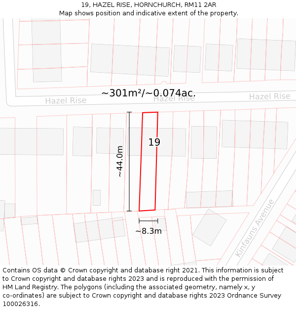 19, HAZEL RISE, HORNCHURCH, RM11 2AR: Plot and title map