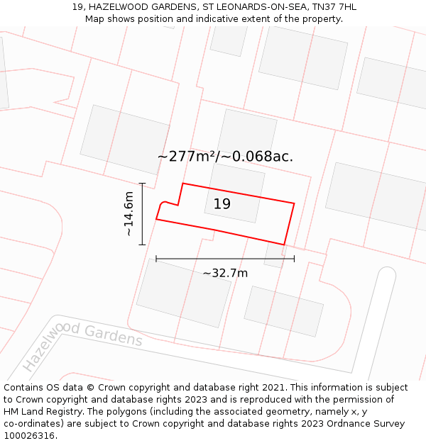 19, HAZELWOOD GARDENS, ST LEONARDS-ON-SEA, TN37 7HL: Plot and title map