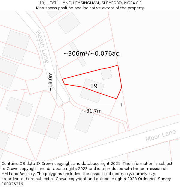 19, HEATH LANE, LEASINGHAM, SLEAFORD, NG34 8JF: Plot and title map