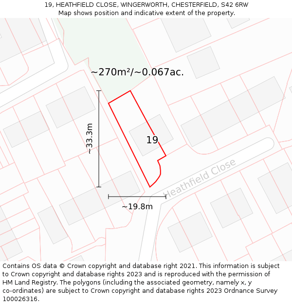 19, HEATHFIELD CLOSE, WINGERWORTH, CHESTERFIELD, S42 6RW: Plot and title map