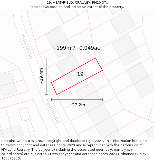 19, HEATHFIELD, CRAWLEY, RH10 3TU: Plot and title map