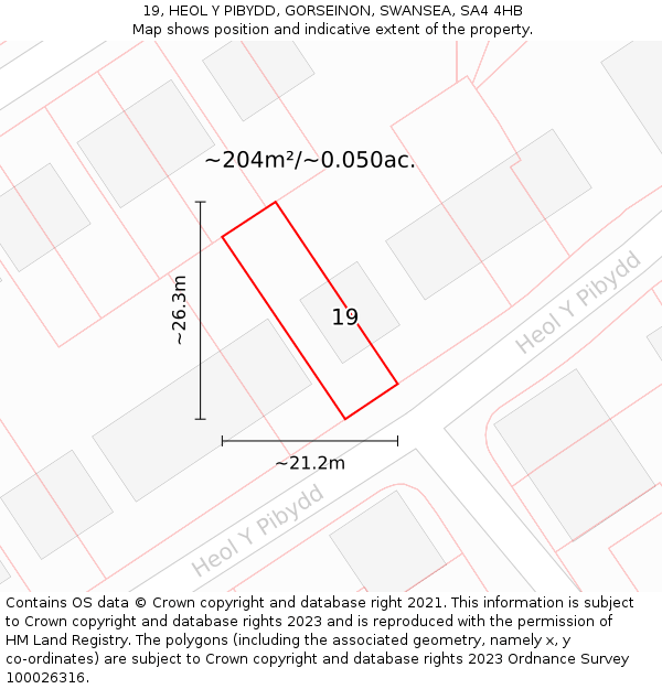 19, HEOL Y PIBYDD, GORSEINON, SWANSEA, SA4 4HB: Plot and title map