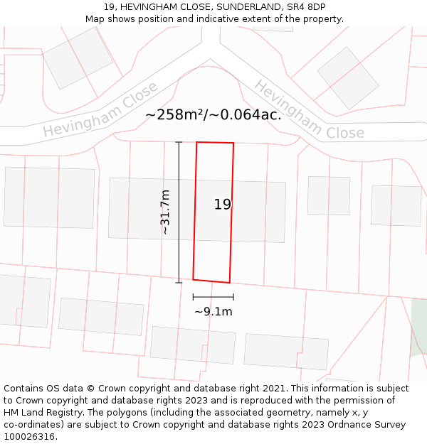 19, HEVINGHAM CLOSE, SUNDERLAND, SR4 8DP: Plot and title map