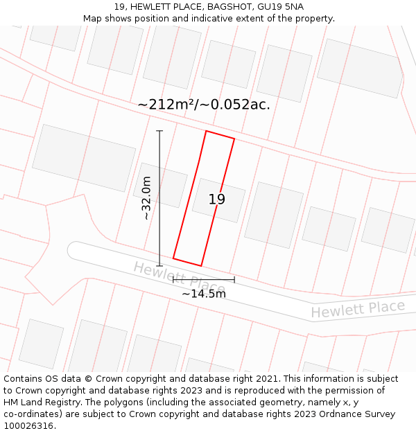 19, HEWLETT PLACE, BAGSHOT, GU19 5NA: Plot and title map