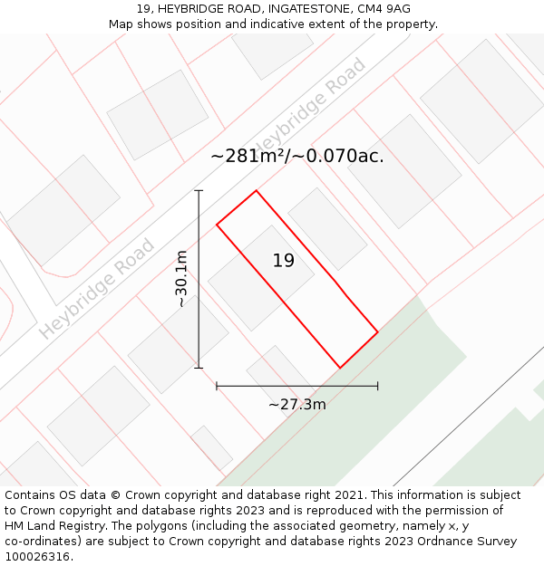 19, HEYBRIDGE ROAD, INGATESTONE, CM4 9AG: Plot and title map