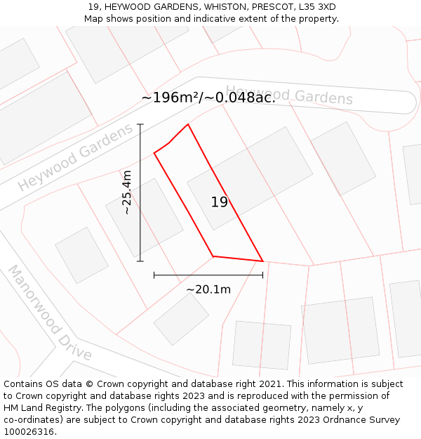 19, HEYWOOD GARDENS, WHISTON, PRESCOT, L35 3XD: Plot and title map