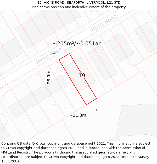 19, HICKS ROAD, SEAFORTH, LIVERPOOL, L21 3TD: Plot and title map