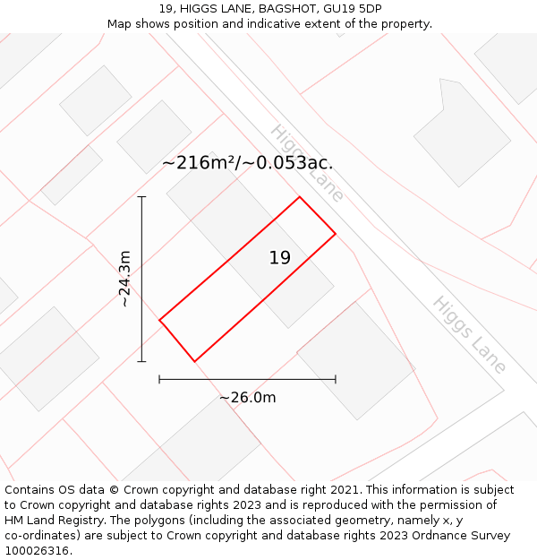 19, HIGGS LANE, BAGSHOT, GU19 5DP: Plot and title map