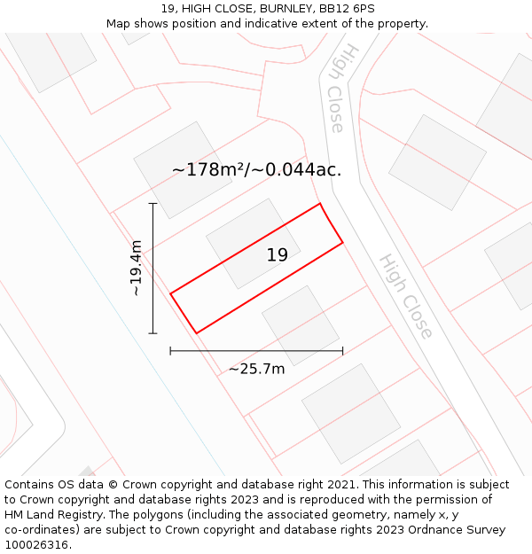 19, HIGH CLOSE, BURNLEY, BB12 6PS: Plot and title map