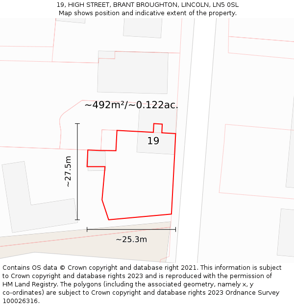 19, HIGH STREET, BRANT BROUGHTON, LINCOLN, LN5 0SL: Plot and title map