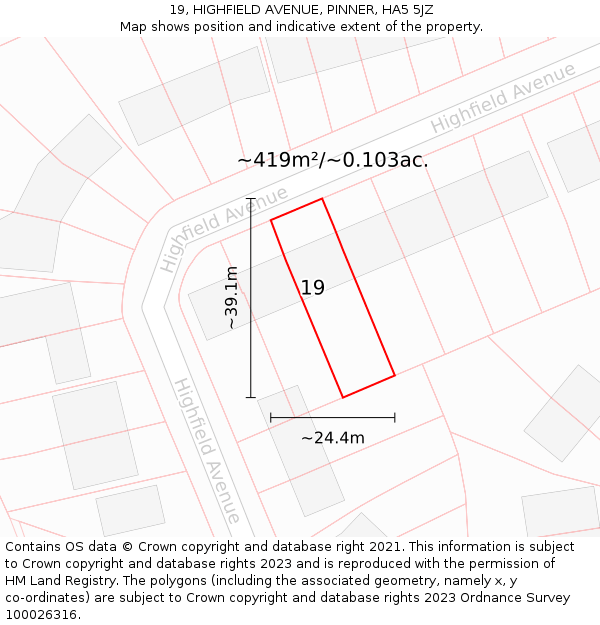 19, HIGHFIELD AVENUE, PINNER, HA5 5JZ: Plot and title map