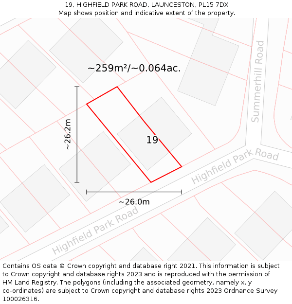 19, HIGHFIELD PARK ROAD, LAUNCESTON, PL15 7DX: Plot and title map