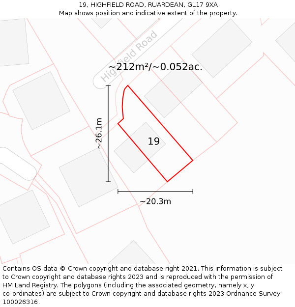 19, HIGHFIELD ROAD, RUARDEAN, GL17 9XA: Plot and title map