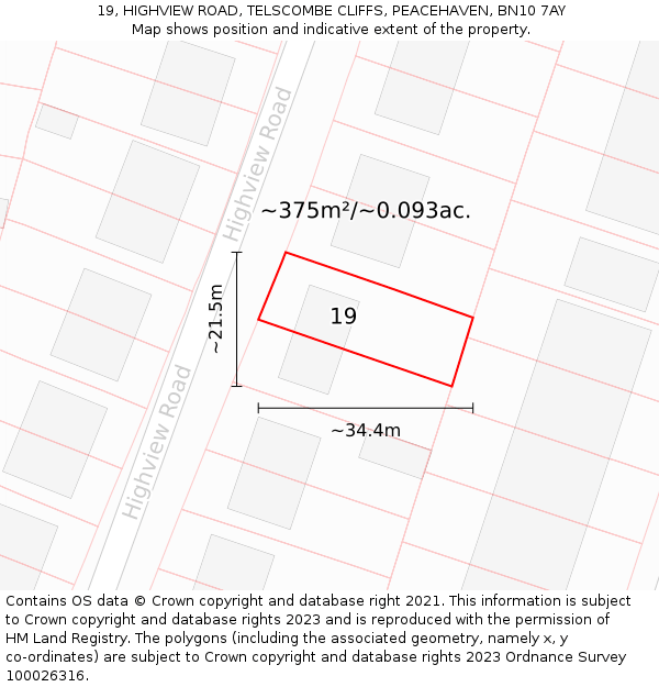 19, HIGHVIEW ROAD, TELSCOMBE CLIFFS, PEACEHAVEN, BN10 7AY: Plot and title map