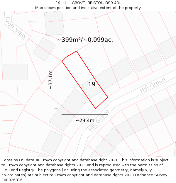 19, HILL GROVE, BRISTOL, BS9 4RL: Plot and title map