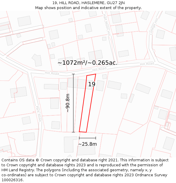 19, HILL ROAD, HASLEMERE, GU27 2JN: Plot and title map