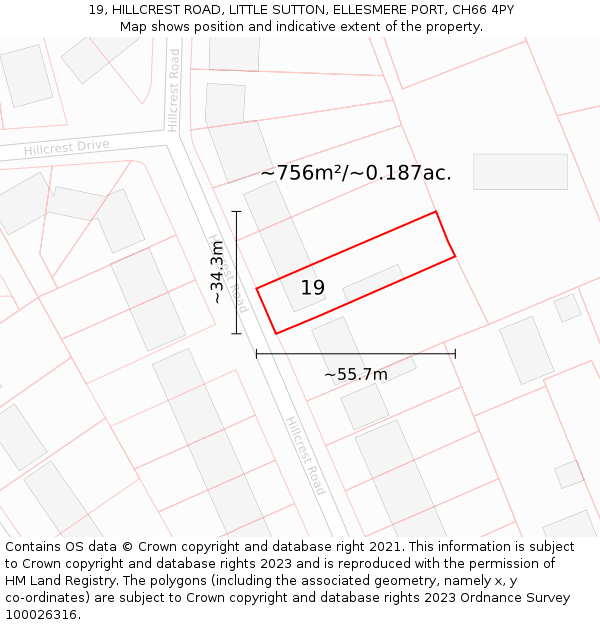 19, HILLCREST ROAD, LITTLE SUTTON, ELLESMERE PORT, CH66 4PY: Plot and title map