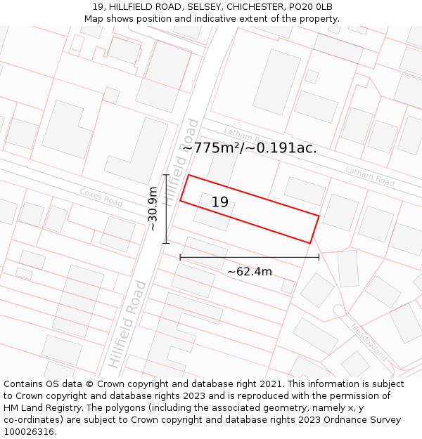 19, HILLFIELD ROAD, SELSEY, CHICHESTER, PO20 0LB: Plot and title map