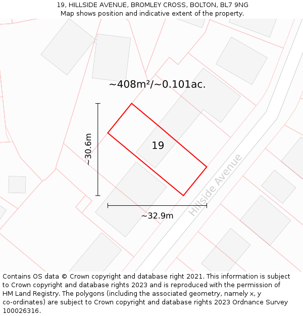 19, HILLSIDE AVENUE, BROMLEY CROSS, BOLTON, BL7 9NG: Plot and title map