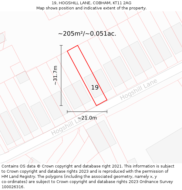 19, HOGSHILL LANE, COBHAM, KT11 2AG: Plot and title map