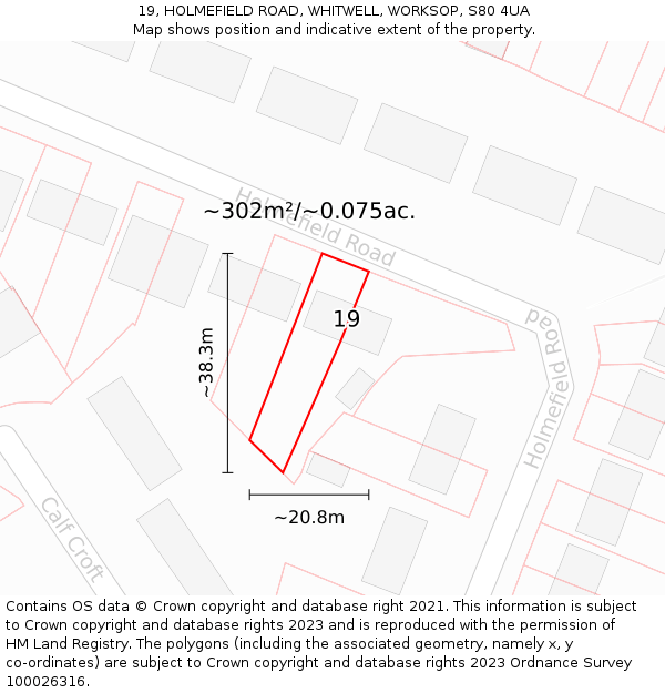 19, HOLMEFIELD ROAD, WHITWELL, WORKSOP, S80 4UA: Plot and title map