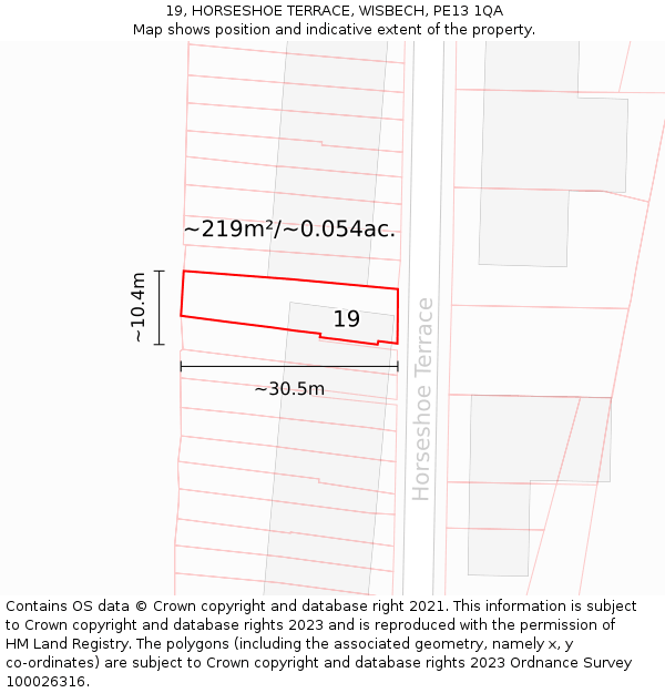 19, HORSESHOE TERRACE, WISBECH, PE13 1QA: Plot and title map