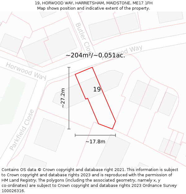 19, HORWOOD WAY, HARRIETSHAM, MAIDSTONE, ME17 1FH: Plot and title map