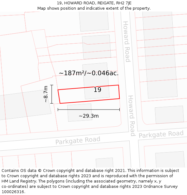 19, HOWARD ROAD, REIGATE, RH2 7JE: Plot and title map